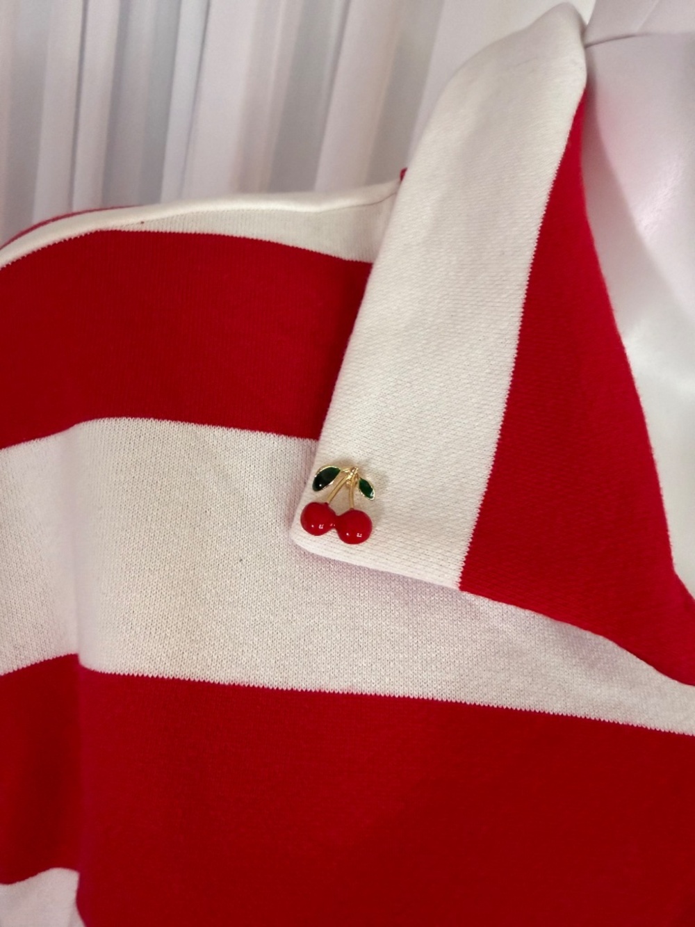 G by Giuliana Striped Rugby Polo Top Cherry Detail Red White Pullover NWOT | XL - Picture 12 of 16